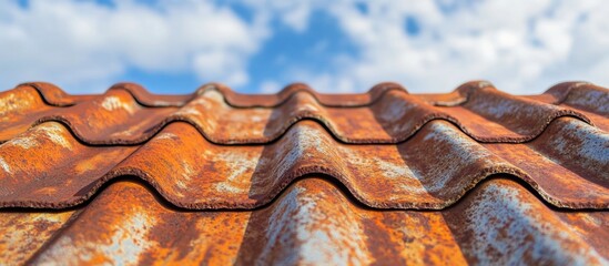 Rusty metal roof tiles with blue sky and clouds in the background Copy Space