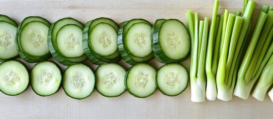 Freshly sliced cucumber rounds and chopped green onions arranged on a wooden cutting board with Copy Space for text placement