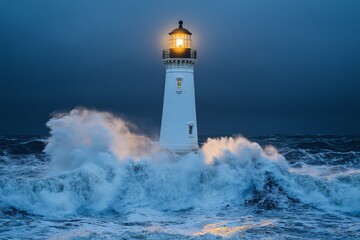 Dramatic waves crash around a lighthouse during a stormy evening