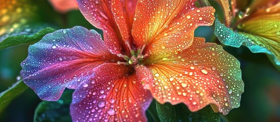 Close-up of vibrant rainbow-colored flower petals with dew drops and green leaves Copy Space