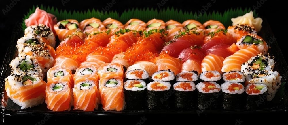 Poster assorted sushi platter with various types of sushi rolls and sashimi served on a black background wi