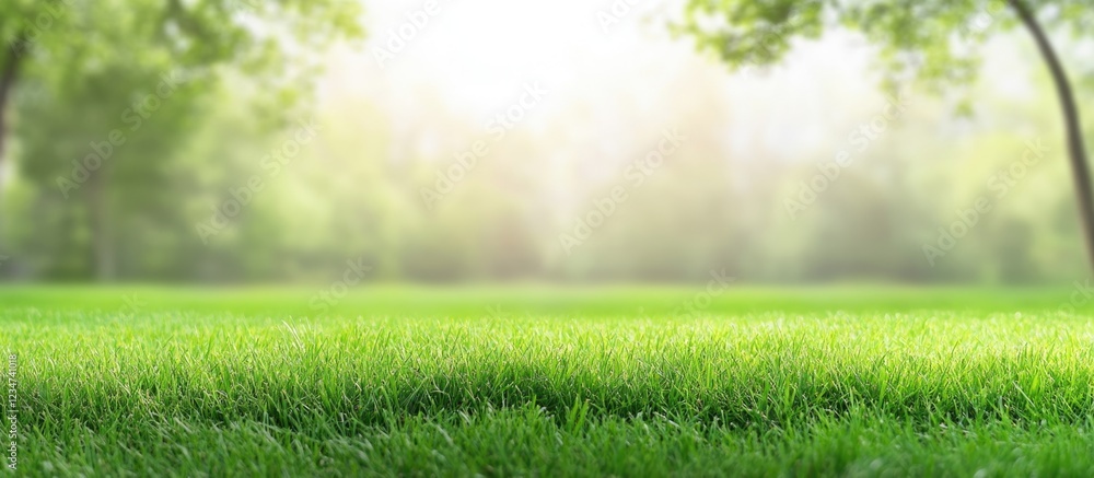 Poster lush green grass field with soft sunlight streaming through trees and natural bokeh effect copy spac