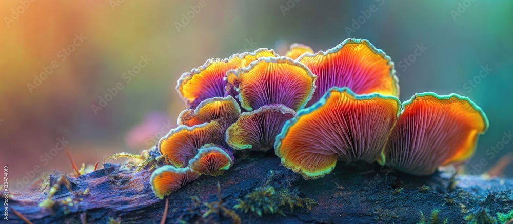Poster vibrant colorful mushrooms growing on a log with blurred natural background and copy space for text
