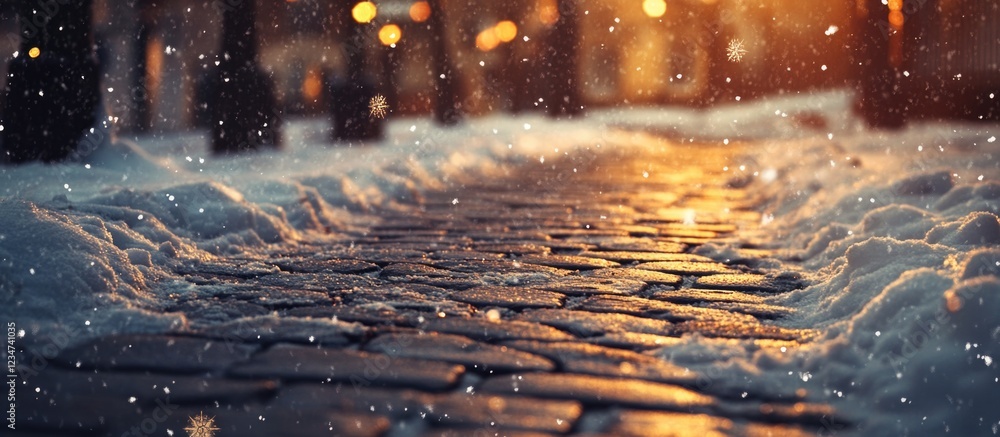 Poster snowy cobblestone pathway with warm glowing lights in the background during snowfall at dusk copy sp