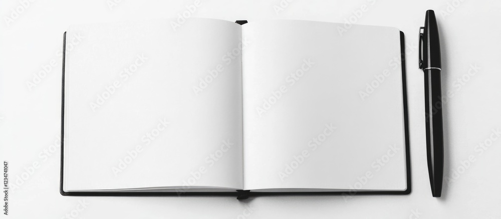 Poster open blank notebook with a black pen on a white background featuring ample copy space for text inser