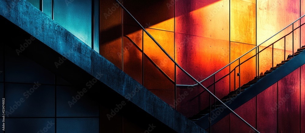 Aufkleber abstract architectural composition featuring colorful illuminated surfaces and industrial staircase 