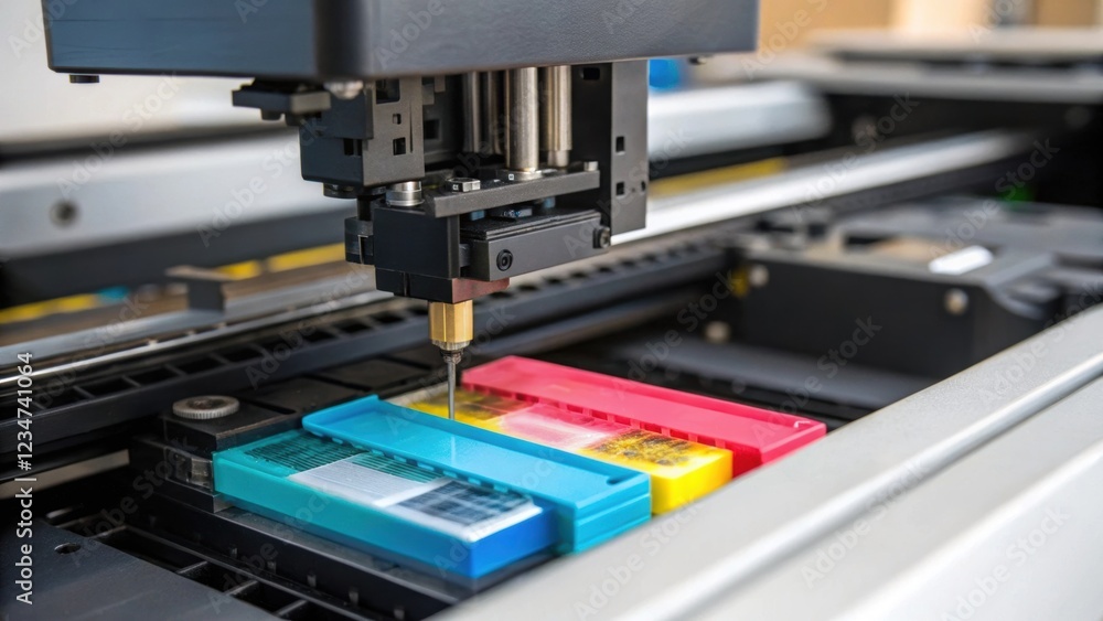 Poster close up of a food printing machine accessing edible ink cartridges, showcasing the cutting edge tec