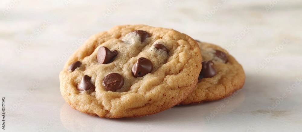 Poster chocolate chip cookies on a marble surface with copy space for text placement.