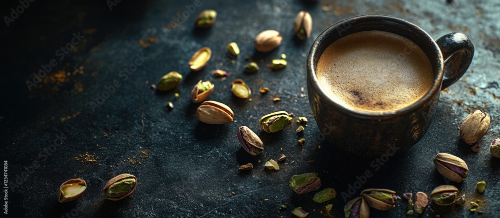 Poster Coffee cup with pistachios on dark textured surface and copy space for text addition
