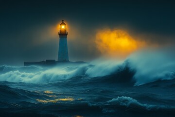 Stormy sea with a lighthouse illuminated by a glowing sunset backdrop during evening hours