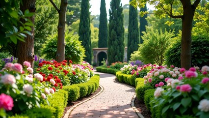 Fototapeta premium A serene garden scene, with a brick path winding through vibrant flowers and lush greenery