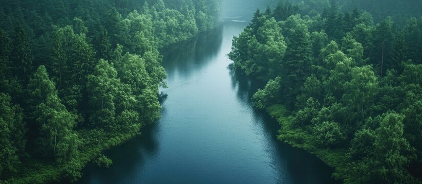 Aerial view of a tranquil river surrounded by dense green forests and misty atmosphere Copy Space