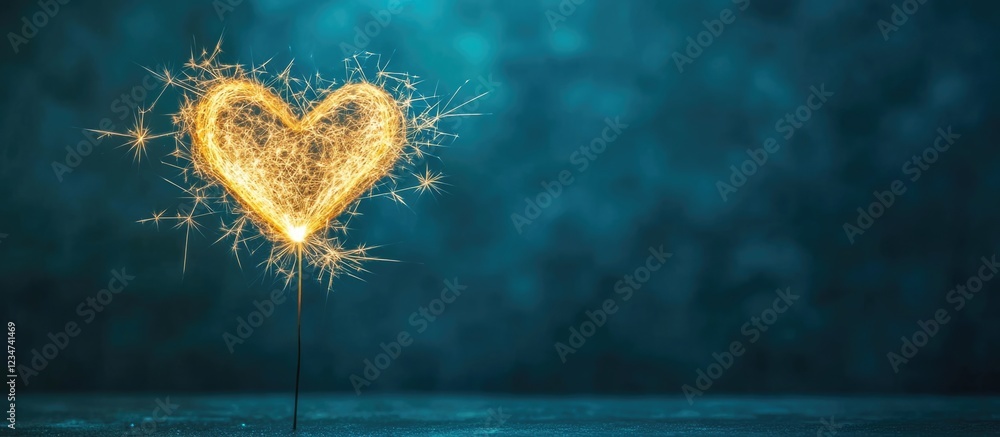 Poster sparkler heart shape on a blurred blue background with copy space for text