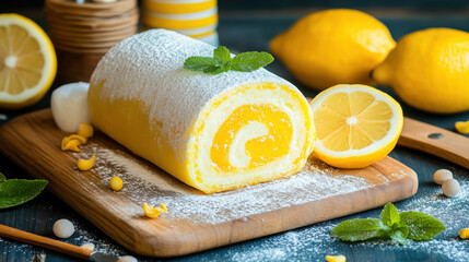 Jam roll, A vibrant image of a lemon jam roll with bright yellow filling, perfect for dessert inspiration or food-related content.