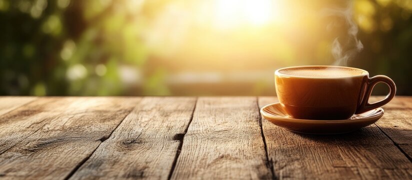 Coffee cup on wooden table with sunlight and blurred green background, natural light, warm tones, Copy Space.