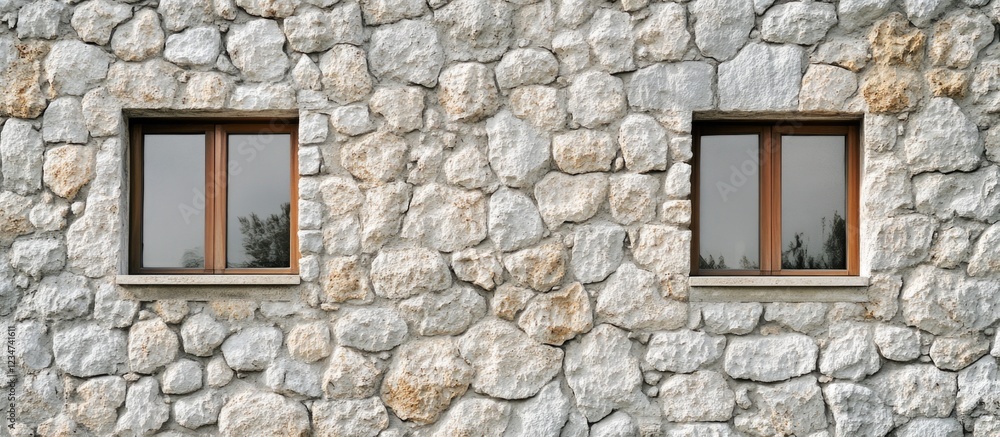 Aufkleber stone wall with two wooden framed windows in a rustic design featuring copy space for text placement