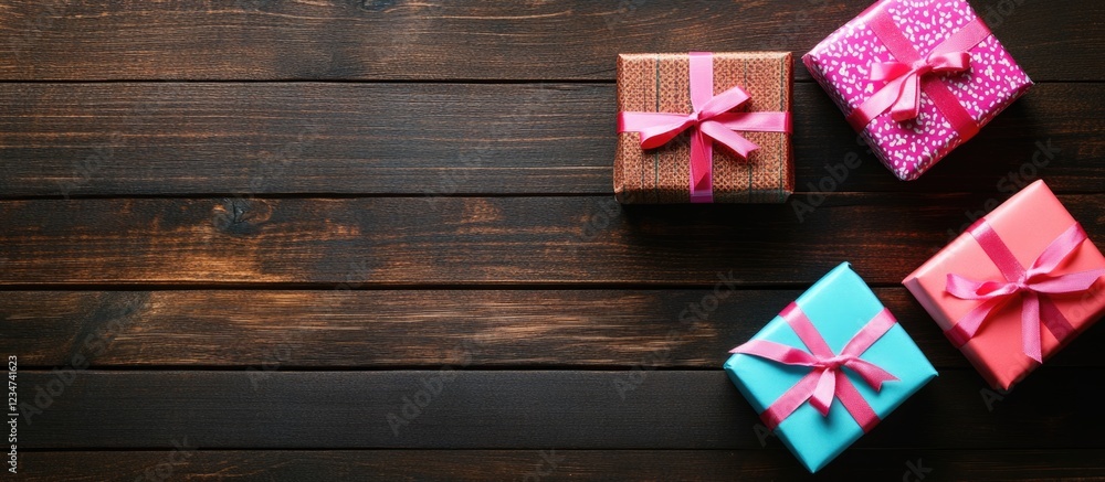 Poster gift boxes in various colors and patterns with bows on a wooden surface with copy space for text.