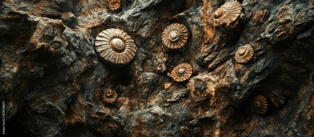Aufkleber fossilized ammonites embedded in rocky surface with detailed textures copy space