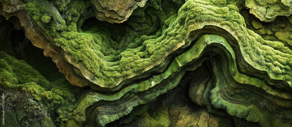Aufkleber abstract textured background of layered green moss and algae on natural rock surface with copy space