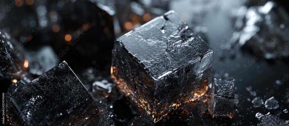 Poster dark ice cubes scattered on a reflective surface with a blurred background and copy space for text.