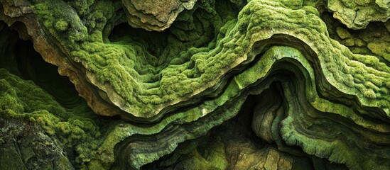 Obraz premium Abstract textured background of layered green moss and algae on natural rock surface with Copy Space