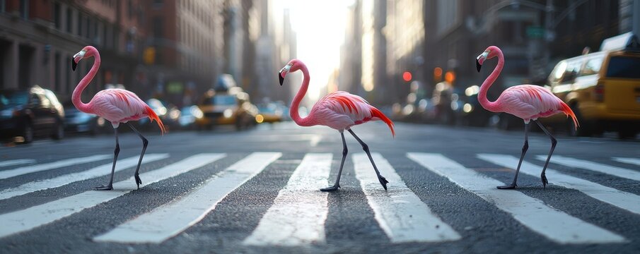 Three pink flamingos cross a busy city street, surrounded by blurred traffic and towering buildings, creating a whimsical urban scene.
