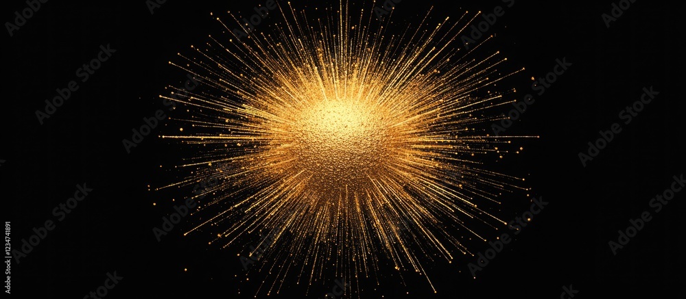 Poster golden burst of light with radiant sparks on a black background creating a dramatic effect with copy