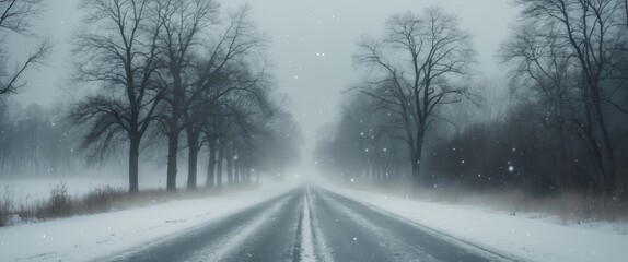 Obraz premium A snowy road with trees in the background