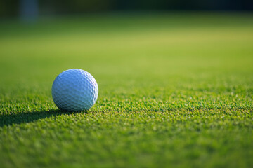 Fototapeta premium White golf ball on vibrant green golf course with a blurred natural background