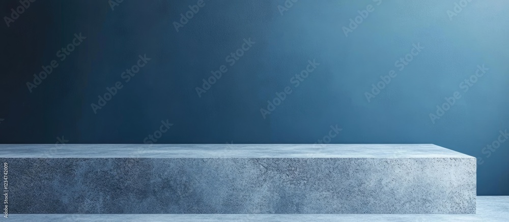 Poster blue concrete background with minimalistic texture and empty podium for display purposes copy space