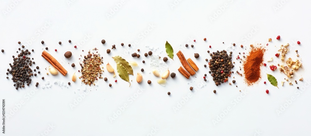 Poster assorted spices and herbs arranged in a horizontal layout on white background with copy space for te