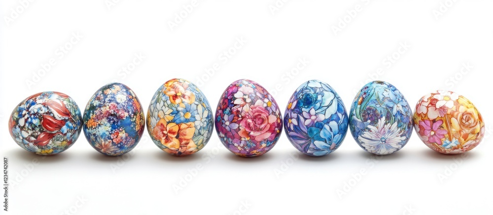 Aufkleber colorful decorative easter eggs arranged in a row on a white background with copy space for text pla