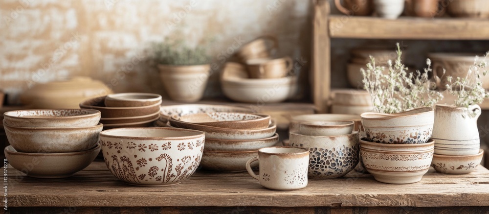 Poster rustic ceramic pottery and bowls displayed on wooden table with soft background and copy space for t