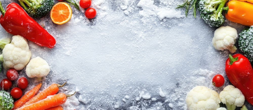 Poster fresh vegetables and fruits arranged on a textured surface with copy space for text and advertisemen