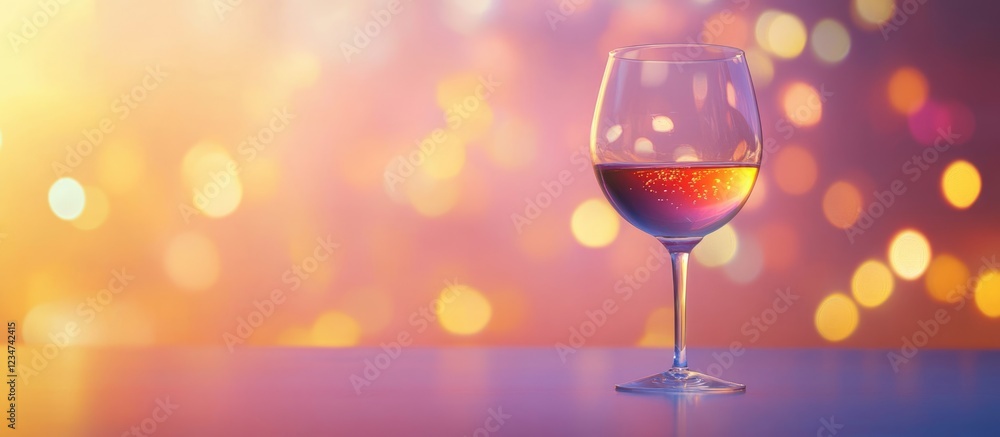 Poster wine glass filled with red wine on a blurred colorful background with bokeh copy space