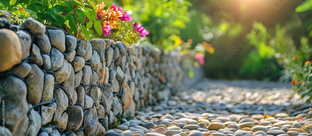 Aufkleber garden pathway with stone edging and colorful flowers in soft sunlight with copy space for text plac