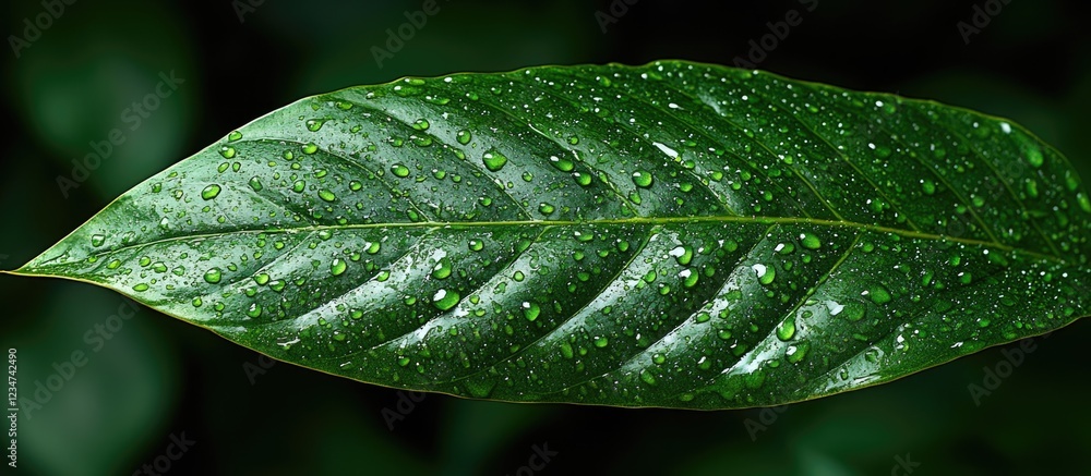 Poster close-up of a green leaf with water droplets on its surface featuring dark background and extensive 