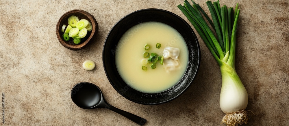 Poster bowl of soup with green onions and sliced scallions on textured background with copy space