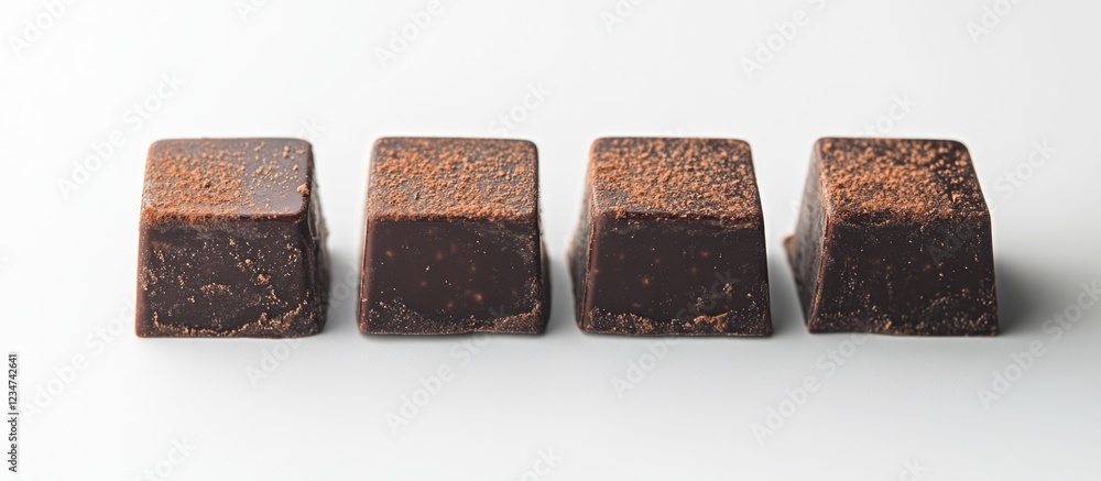 Poster Four chocolate truffles arranged in a row on a white background with Copy Space for text placement