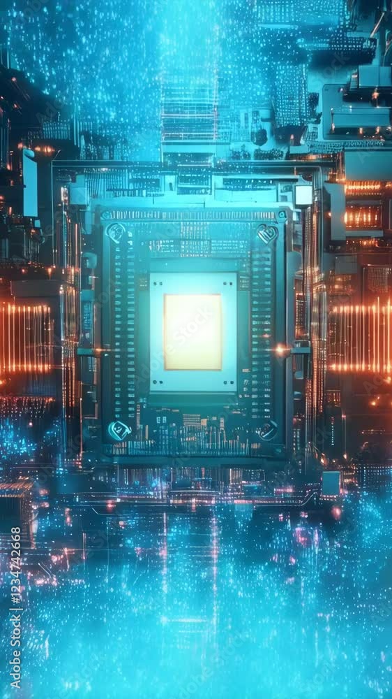 Poster futuristic circuit board animation with dynamic energy flow and neon light effects
