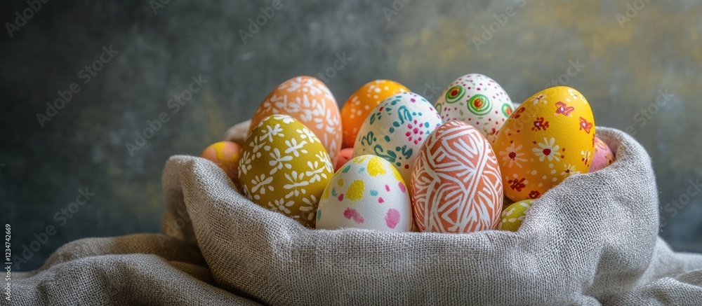 Aufkleber colorful decorated easter eggs in a textile basket with soft focus background and copy space for tex