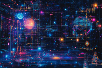 Abstract digital background with interconnected glowing nodes, circuits, and holographic elements