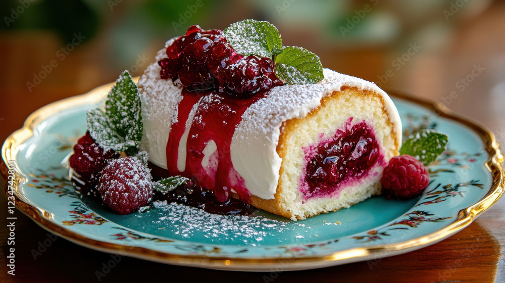 Poster jam roll, a high-fidelity image of a jam roll slice on a delicate surface, showcasing texture and de