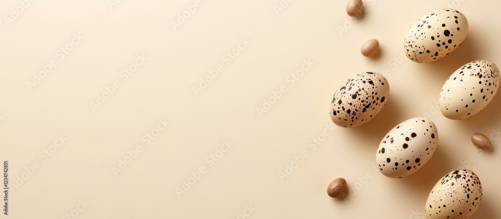 Poster quail eggs with speckled shells arranged on a light beige background with copy space for text