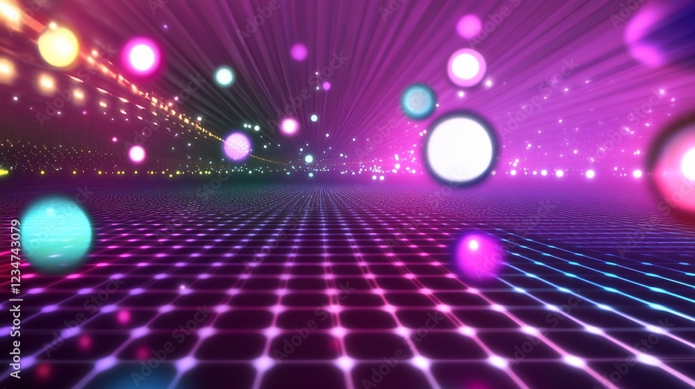 Poster neon grid landscape with floating luminescent orbs