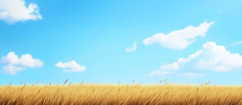 Golden wheat field under a clear blue sky with fluffy white clouds and ample copy space for text placement