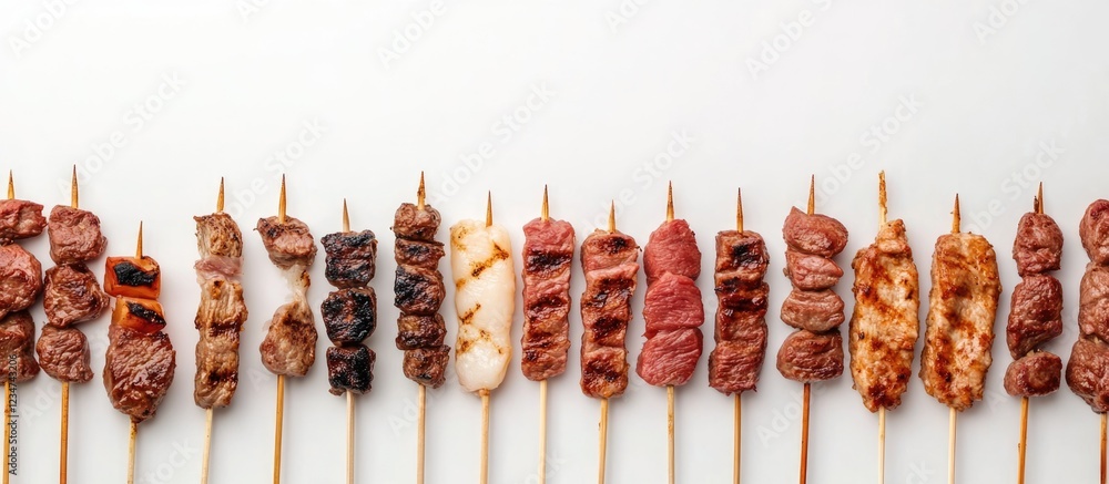 Poster grilled meat skewers arranged in a row on white background with copy space for text