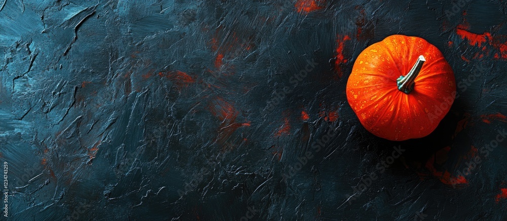 Poster orange pumpkin on dark textured background with ample copy space for text.