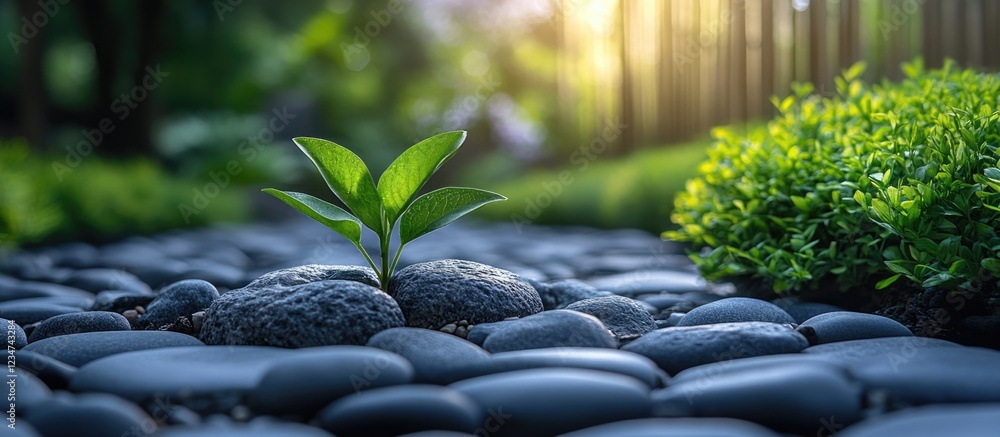 Poster New growth emerging from rocks in a tranquil garden setting with soft sunlight and Copy Space for text placement.