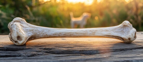 Naklejka premium Bone placed on a wooden surface with blurred background of a dog and sunset lighting Copy Space